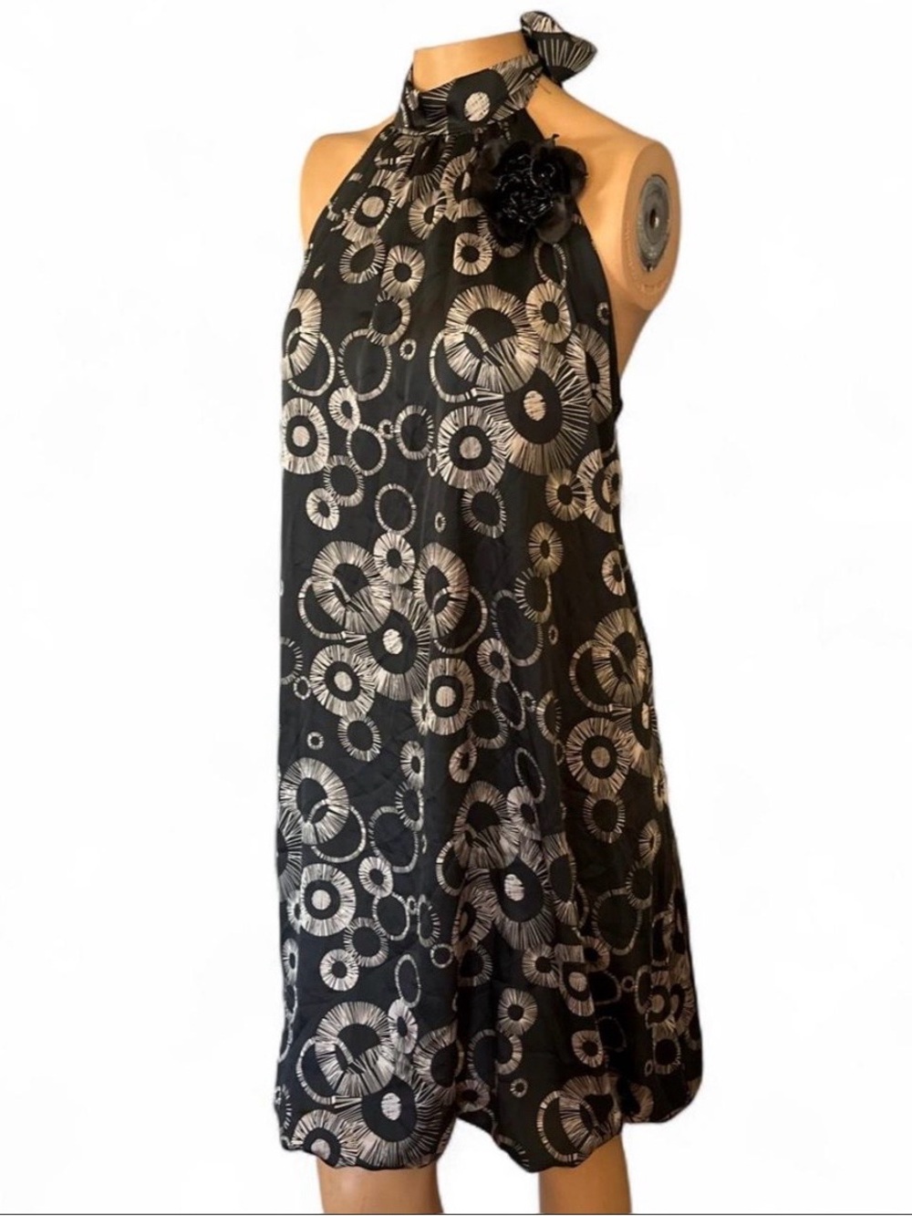 Black Halter Dress with white Circle Print and Flower Accent